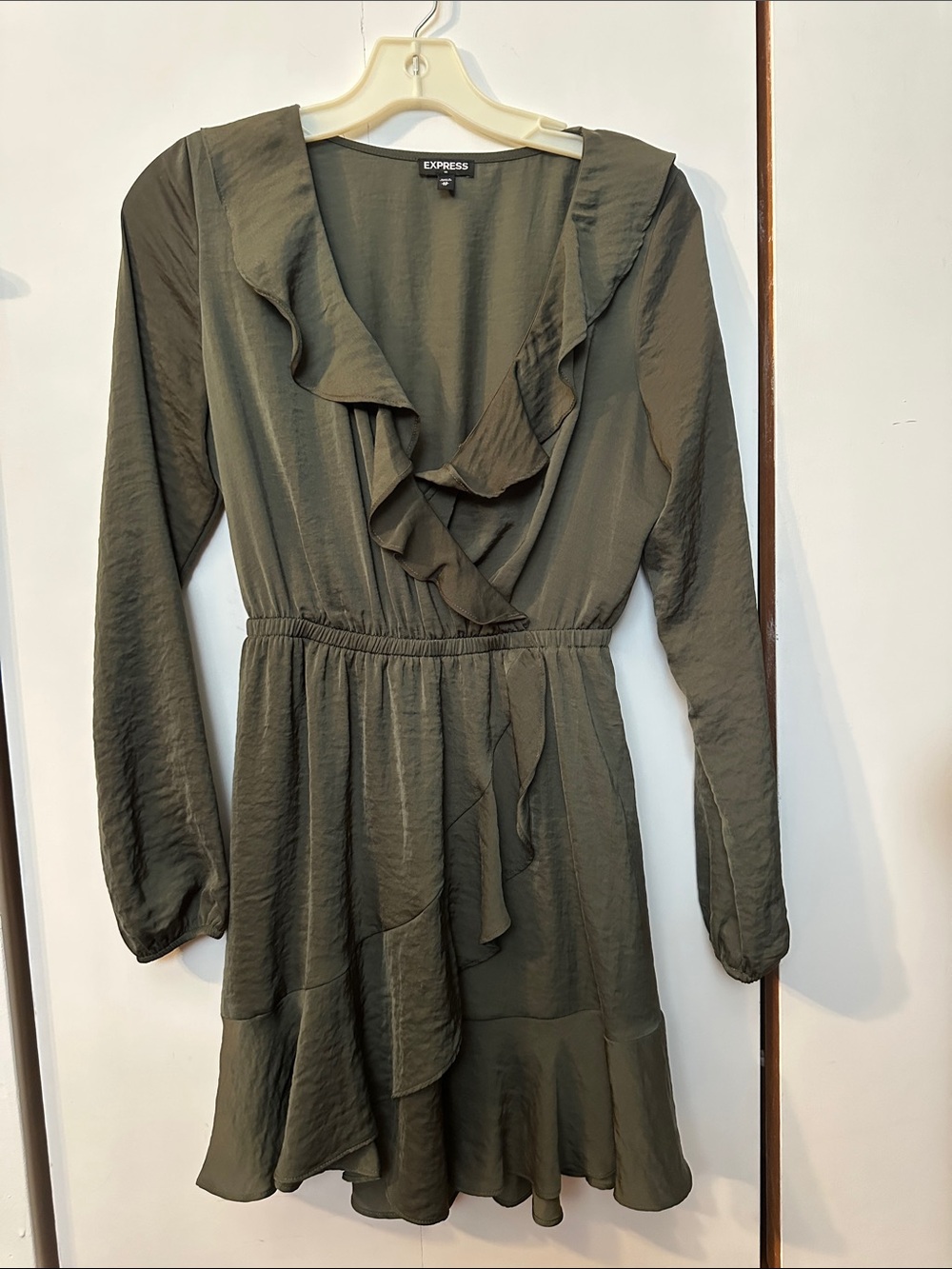 Express Olive Green Ruffle V-Neck Long-Sleeve Dress